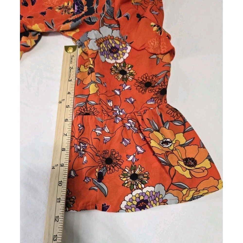 Sunny Leigh Women's XL Orange Floral Blouse Ruffle 3/4 Sleeves - Picture 7 of 8